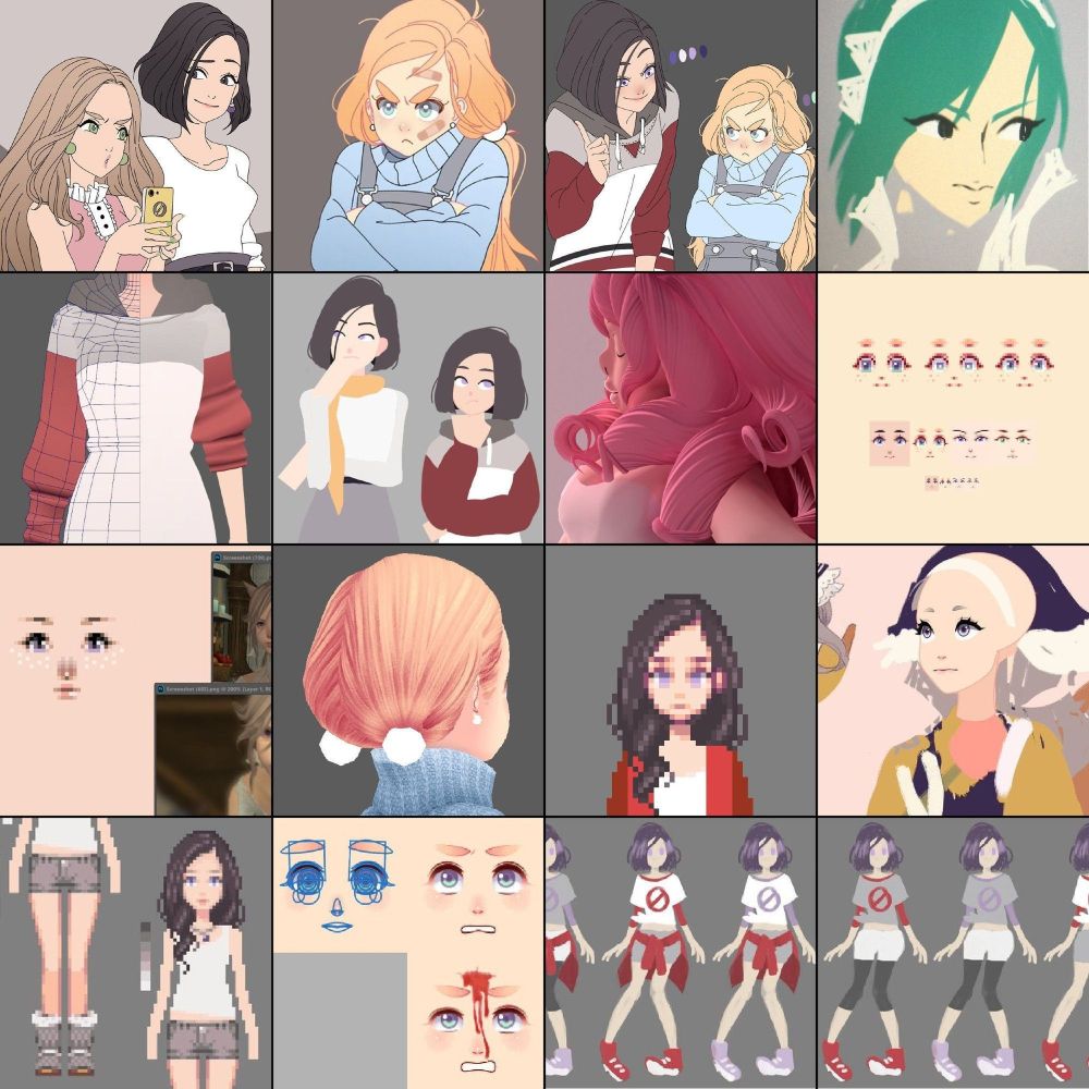 collage of work featuring character design and texturing, focusing on stylistic details