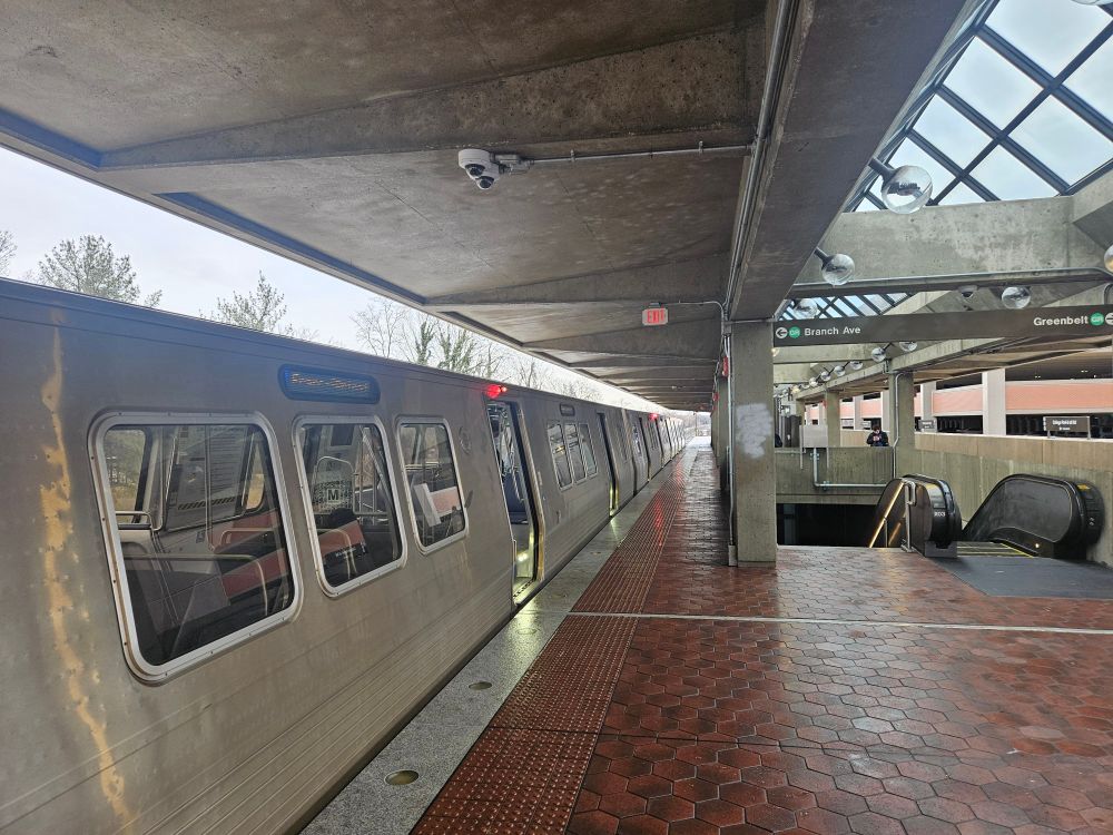 A Blue Line train on the platform at Greenbelt station