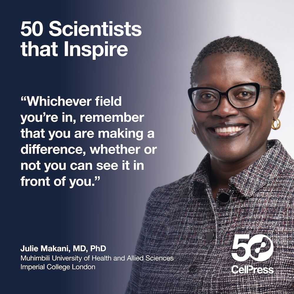 An image of Professor Julie Makani, Muhmbilli University of Allied Sciences and Imperial College London next to the title of '50 scientists that Inspire'. The quote reads "Whichever field you're in, remember that you are making a difference, whether or not you can see it in front of you."