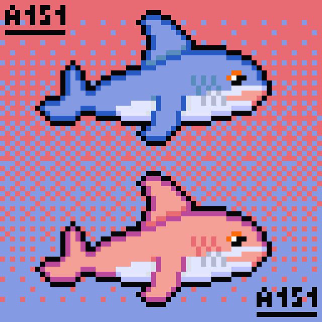 Pixel Art of two "Blahaj" (BLÅHAJ) ikea plushies. A Blue one and a Pink one. It has a blue and pink dithering gradient background.