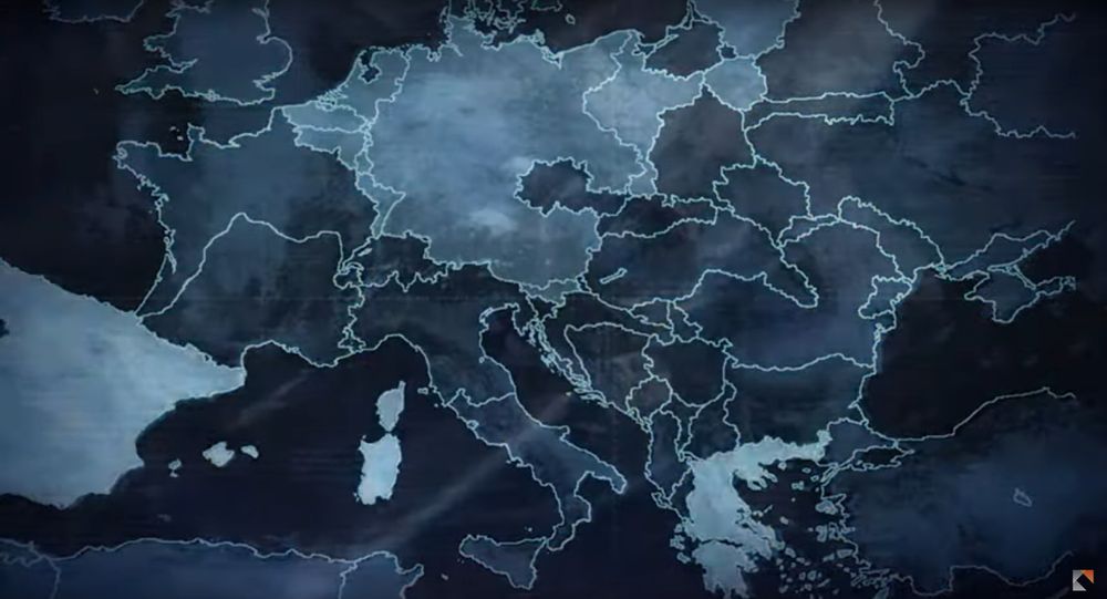 a map in shades of blue showing a Europe with some wild borders, including a Germany at 1938 borders and lots of weird balkanization