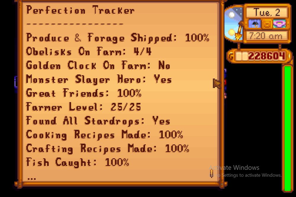 A Stardew Valley Perfection Tracker screen shows all goals completed at 100%, including produce shipped, obelisks, friendship, recipes, fishing, and more.