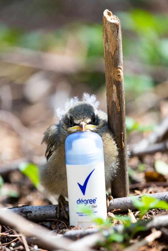 A little bird/chick keeping her beak on top of a spray can.