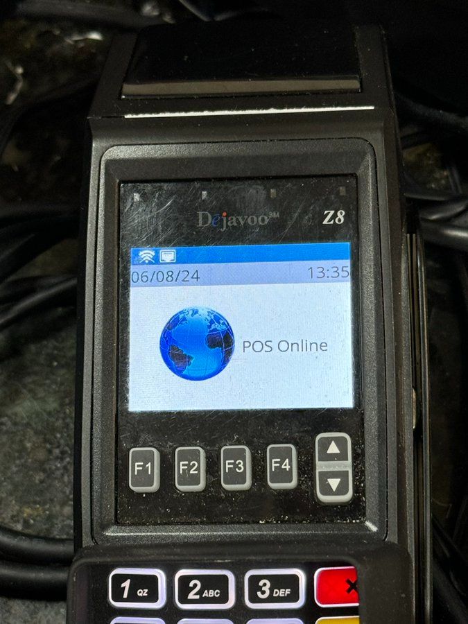 A Dejavoo Z8 POS terminal screen displays the message "POS Online" with a globe icon, date 06/08/24, and time 13:35.