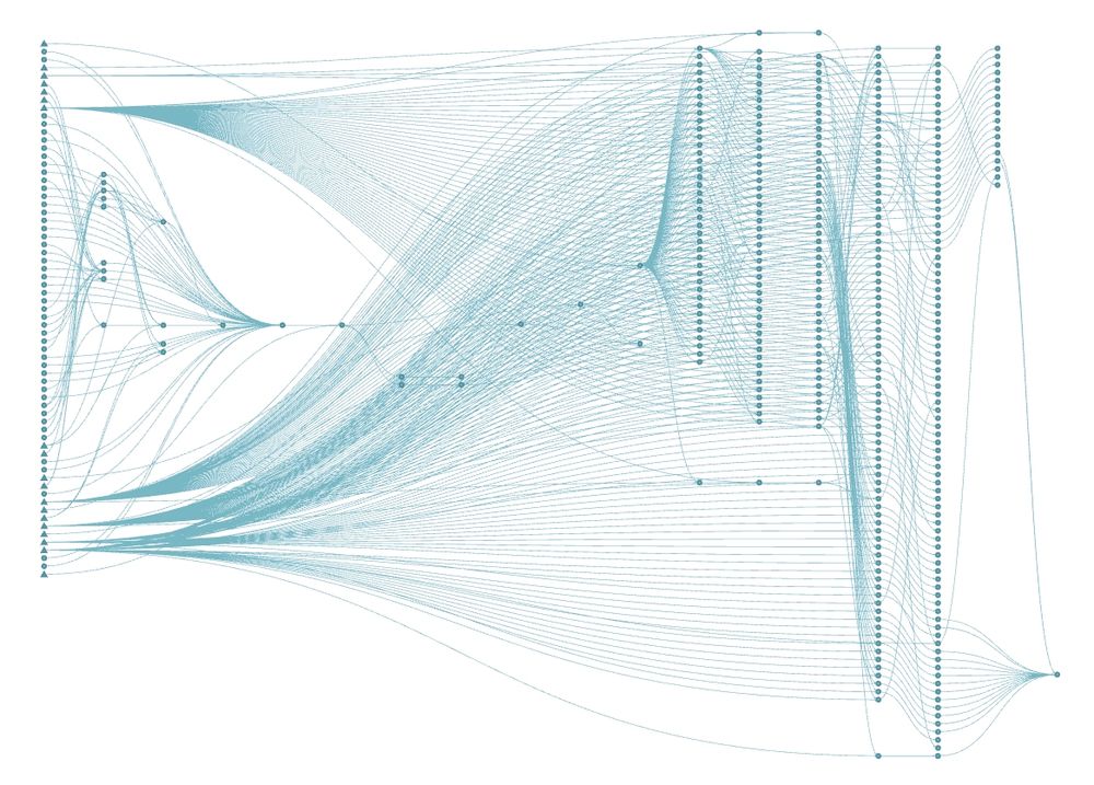 The pipeline dependency graph from a {targets} project in R. It has more nodes than I can count. And lines all over the place.