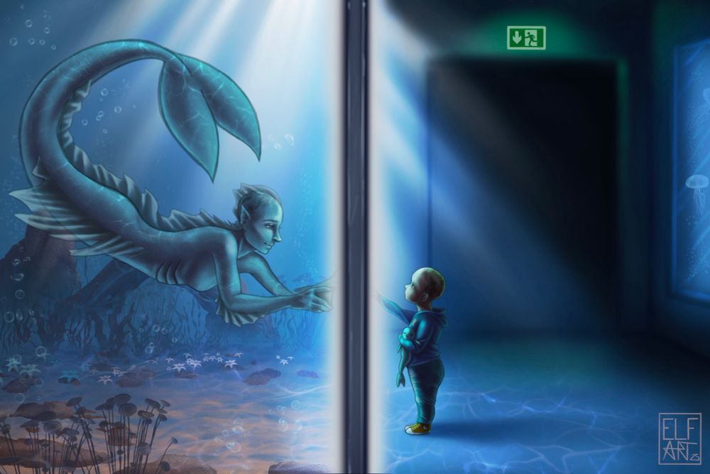 A little boy with a mermaid plushie identifies with a mermaid in captivity. 