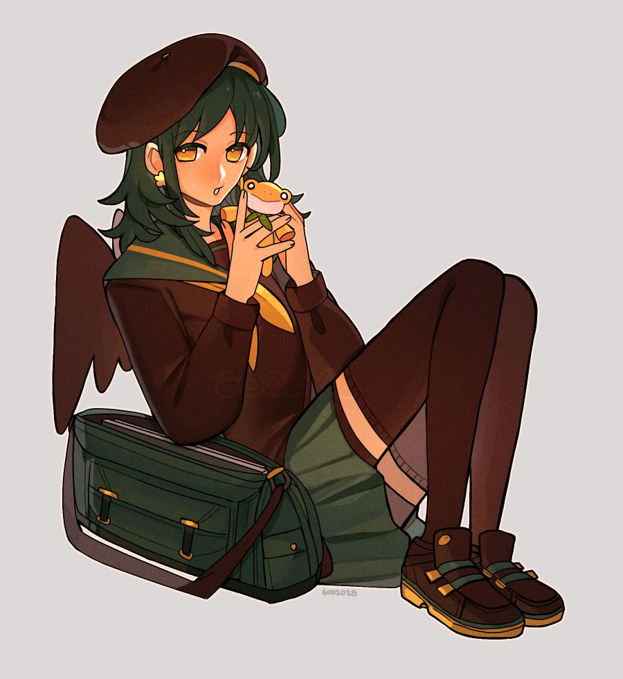 A girl wearing school uniform, sitting holding a frog plushie