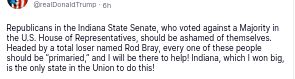 The screenshot with the secretion on DementiaDon's antisocial media platform (https://truthsocial.com/@realDonaldTrump/posts/115710698623079249) reads:
"@realDonaldTrump

Republicans in the Indiana State Senate, who voted against a Majority in the U.S. House of Representatives, should be ashamed of themselves. Headed by a total loser named Rod Bray, every one of these people should be 'primaried,' and I will be there to help! Indiana, which I won big, is the only state in the Union to do this!"