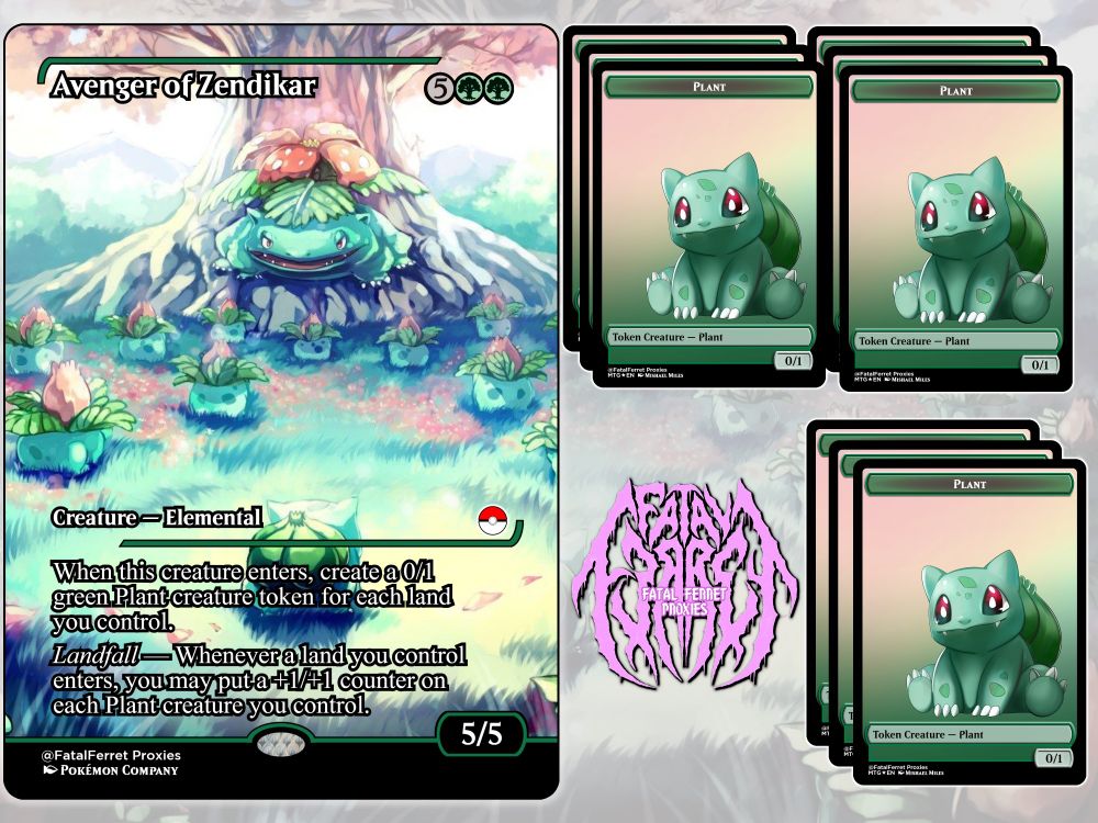 A picture of Venusaur as Avenger of Zendikar with several Bulbasaur plant tokens 