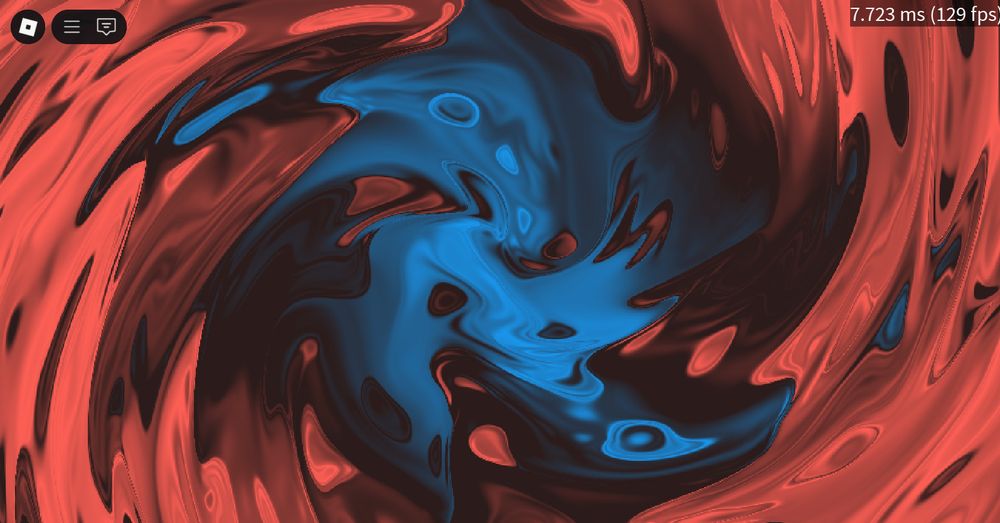 Balatro's red and blue color swirl background in Roblox. A frame timer in the top right reads "7.723 milliseconds (129 fps)"