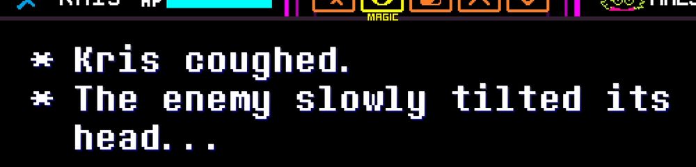 Deltarune battle flavor text which reads "Kris coughed. The enemy slowly tilted its head..." This text only appears after completing the fight without taking damage.