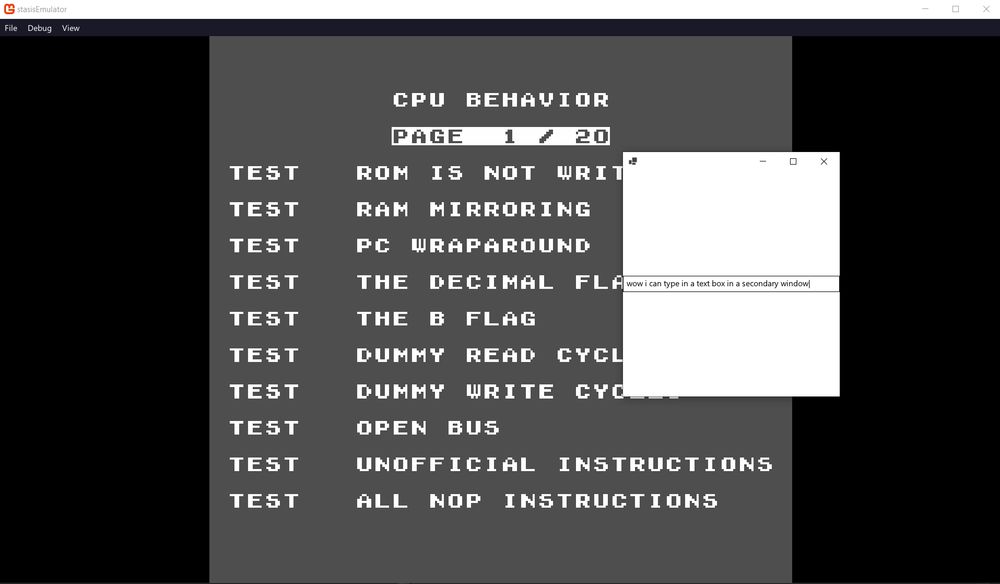 My NES emulator with AccuracyCoin open in the background, with a smaller window in front with a text box which reads "wow i can type in a text box in a secondary window".