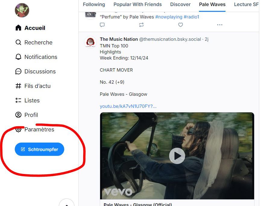 page d'accueil de Bluesky, le bouton poster et remplacer par Schtroumpfer 