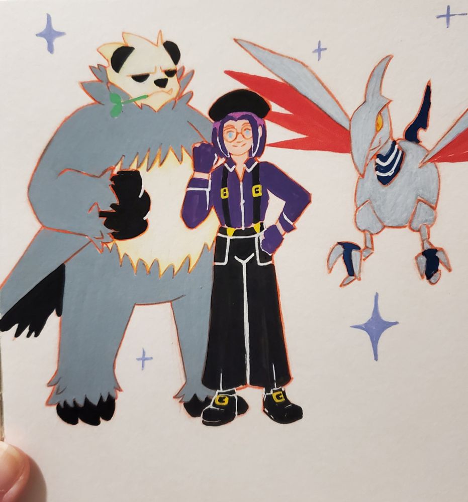 My Pokemon ZA character standing with a Pangoro and Skarmory, my two feature members of my team.