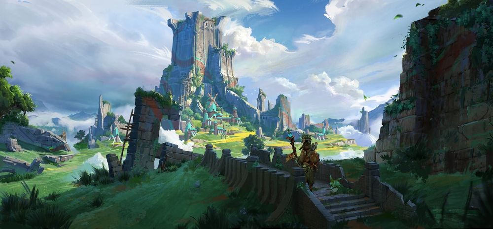 This artwork depicts a fantasy landscape featuring a towering ancient fortress atop a lush green hill, surrounded by smaller structures with teal-colored roofs and windmills. The scene is framed by remnants of crumbling stone walls, overgrown with vegetation, hinting at a forgotten civilization. In the foreground, a cloaked traveler adorned with feathers and carrying a staff walks along a worn stone path, accompanied by a small turtle-like creature. The environment is rich with vibrant greenery, rolling fields, and scattered ruins, with mist-covered mountains in the distance. The painterly style, combined with a dynamic composition and soft lighting, evokes a sense of adventure and mystery.