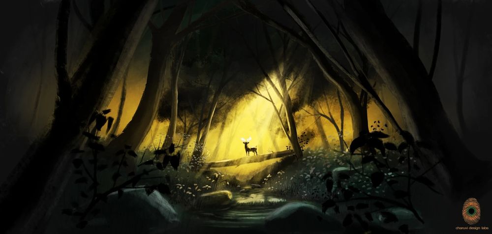 This digital painting presents a mystical forest scene with a glowing golden light piercing through the dense canopy. The artwork contrasts dark, shadowy trees in the foreground with a warm, ethereal radiance in the background. A majestic stag, standing atop a fallen log, is bathed in the light, giving it a divine or mythical presence.

The composition draws the viewer’s eye toward the stag, which serves as the focal point, surrounded by lush vegetation and a gently flowing stream. The interplay of darkness and light enhances the sense of mystery and depth. The color palette primarily consists of deep greens, blacks, and warm golden hues, creating an enchanting and almost dreamlike atmosphere.