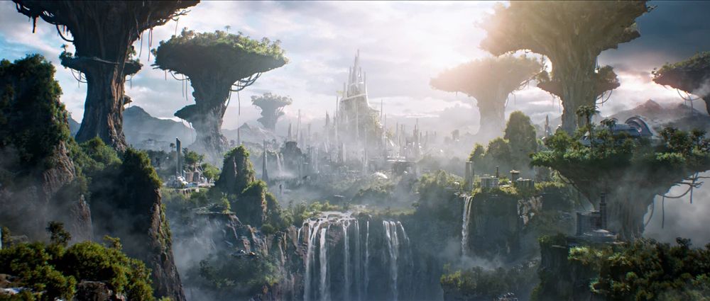 This artwork by Yota Tasaki depicts a lush, futuristic utopia where towering trees and floating islands intertwine with sleek, advanced architecture. Waterfalls cascade into misty valleys, and a radiant city rises at the center, blending technology and nature in perfect harmony. The scene feels dreamy and otherworldly, like a vision of a sustainable, high-tech paradise.