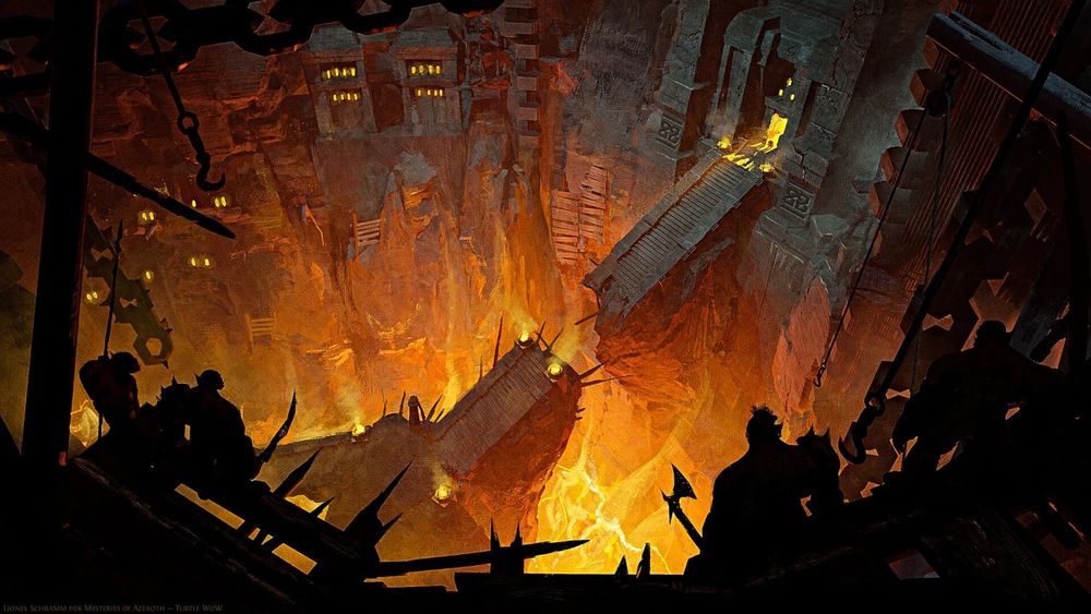 This image depicts a dark and fiery cavernous environment, possibly a dungeon or a fortress built into a volcanic landscape. The scene is illuminated by molten lava below, casting an ominous glow on the jagged rock formations, crumbling bridges, and ancient, fortress-like structures embedded into the cavern walls. A series of precarious bridges span the chasm, leading to an entrance flanked by glowing torches, hinting at a deeper, more sinister domain. In the foreground, shadowed figures with weapons, possibly warriors or raiders, observe the scene from a higher vantage point, giving a sense of tension and impending action. The composition and lighting create an intense, foreboding atmosphere, reminiscent of a fantasy setting with an emphasis on danger and adventure.