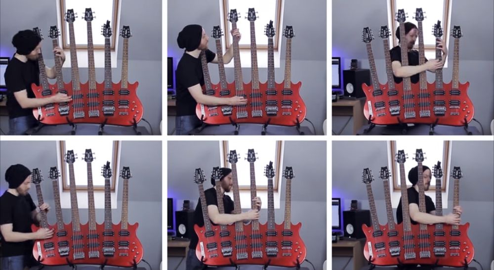 6 panel image showing each of the six necks of the guitar being played