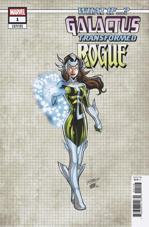 What If...? Galactus Transformed Rogue?
Cover 1:10 Ron Lim Design Variant. 

Rogue stands with a glowing white aura around her right hand like she's going to destroy you on a background like graph paper. Very austere. 