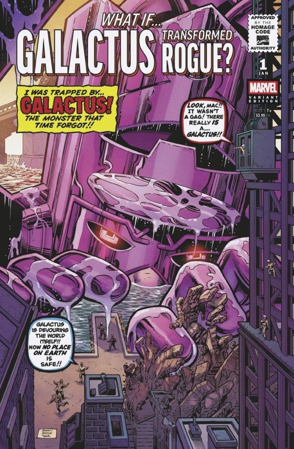 What If? Galactus Transformed Rogue? Cover by Dan Jurgens Sci-Fi Homage Variant
Releases January 22nd 2025.
Galactus emerges from the water's edge next to a city, perhaps New York. 
In a thought box maybe for Rogue, "I was trapped by Galactus! The Monster that time forgot!!" 
A tiny human exclaims "Look Mac!! It wasn't a gag! There really is a... Galactus!!" Another poor unfortunate says, "Galactus is devouring the world itself!! Now no place on Earth is safe!!"