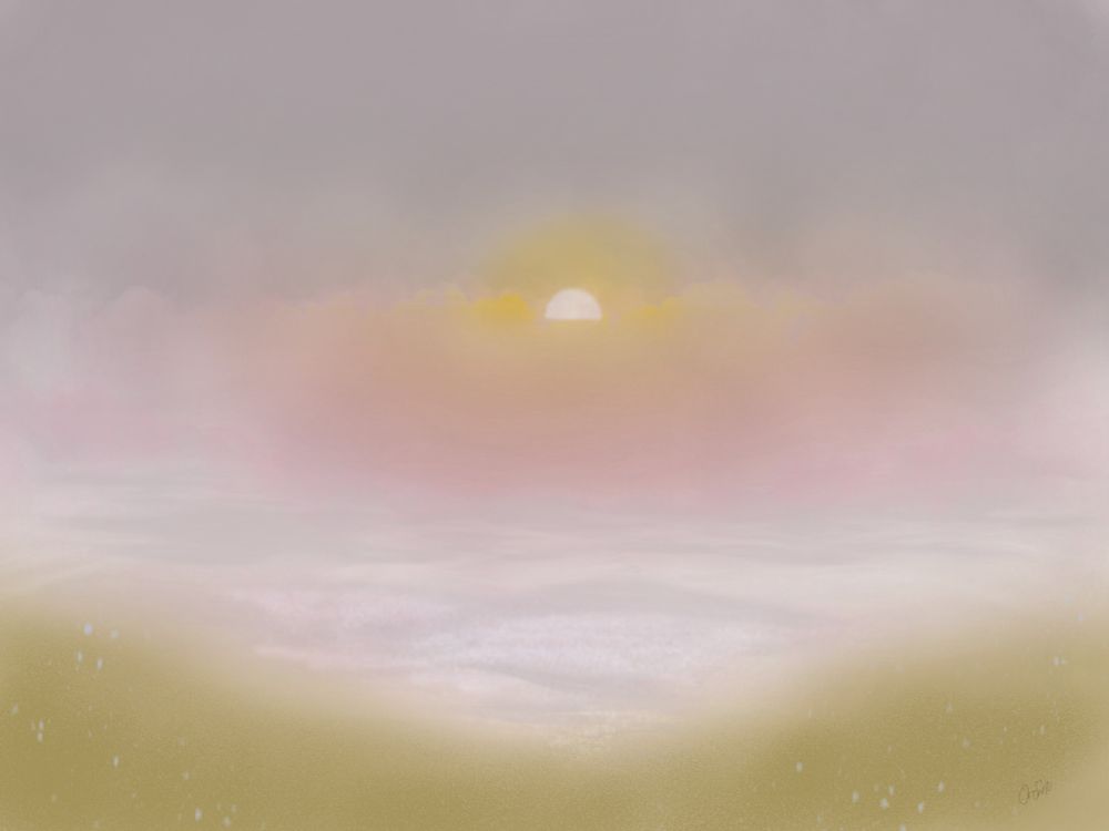 A drawing of a gloomy yet warm sunset at the Santa Monica beach in Los Angeles. Made by Orchestereo using Procreate on the iPad 