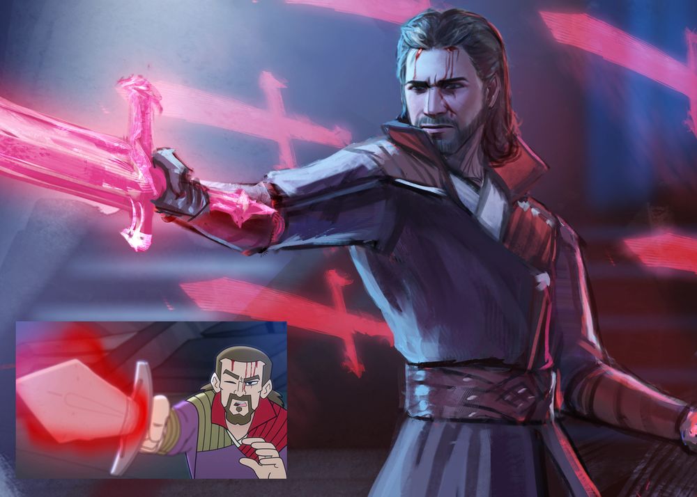 doodle of Gale dekarios holding a magic sword, with 5 more magical swords floating behind him. There's a screenshot from Patch 8 BG3 animated shorts, of Gale holding a glowing red sword at the bottom left corner