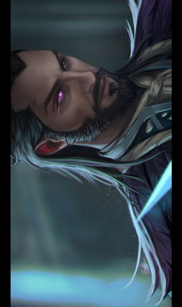 illustration of Lucanis portrait, he's wearing the crow's poise and holding the lyrium dagger. One of his eyes is glowing pink.