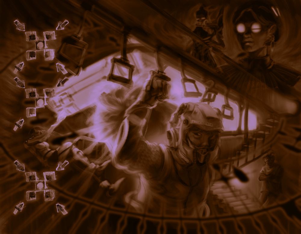 Rendered illustration of various characters and settings meshed together in a monochrome, dream-like brown haze. A column of companions hover on the left side. Secretary, losing one of their appendages, is above a falling Blue being thrown by the shockwave of the explosion. In front and center is Fixer, clutching to one of the railings in a train. The train scene transitions to a staircase on the right, with Clara Kwan crossing her arms and waiting by a wall. On the top right is an escalator with Principal, who looks down on everything else in the piece. Iris/ALLMOTHER lurks behind her figure. Lastly, an occupant ring surrounds the scene as if it were orbiting the explosion in the middle. The composition resembles an open eye.