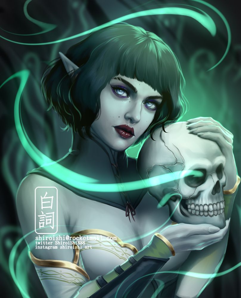Art of a female Elf with light eyes and dark chin-length hair holding a skull while green nercomantic magic floats around them