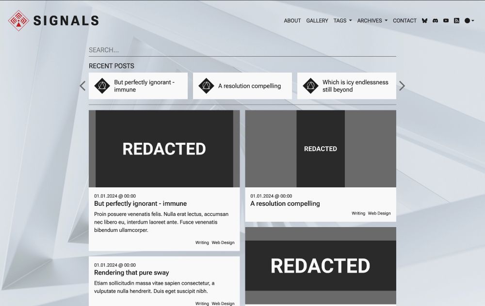 An in-browser render of the light mode of a blog website design that uses dark tones, whites, and splashes of red to bring together a minimalistic and brutalist design that includes a header with horizontally oriented page and social links, a prominent search bar at the top, a carousel of recent posts, masonry layout posts, and a simple footer. This style is further expanded on by the use of a monotone geometric background and bold typeface to help accentuate the design's harshness and overbearing presence.