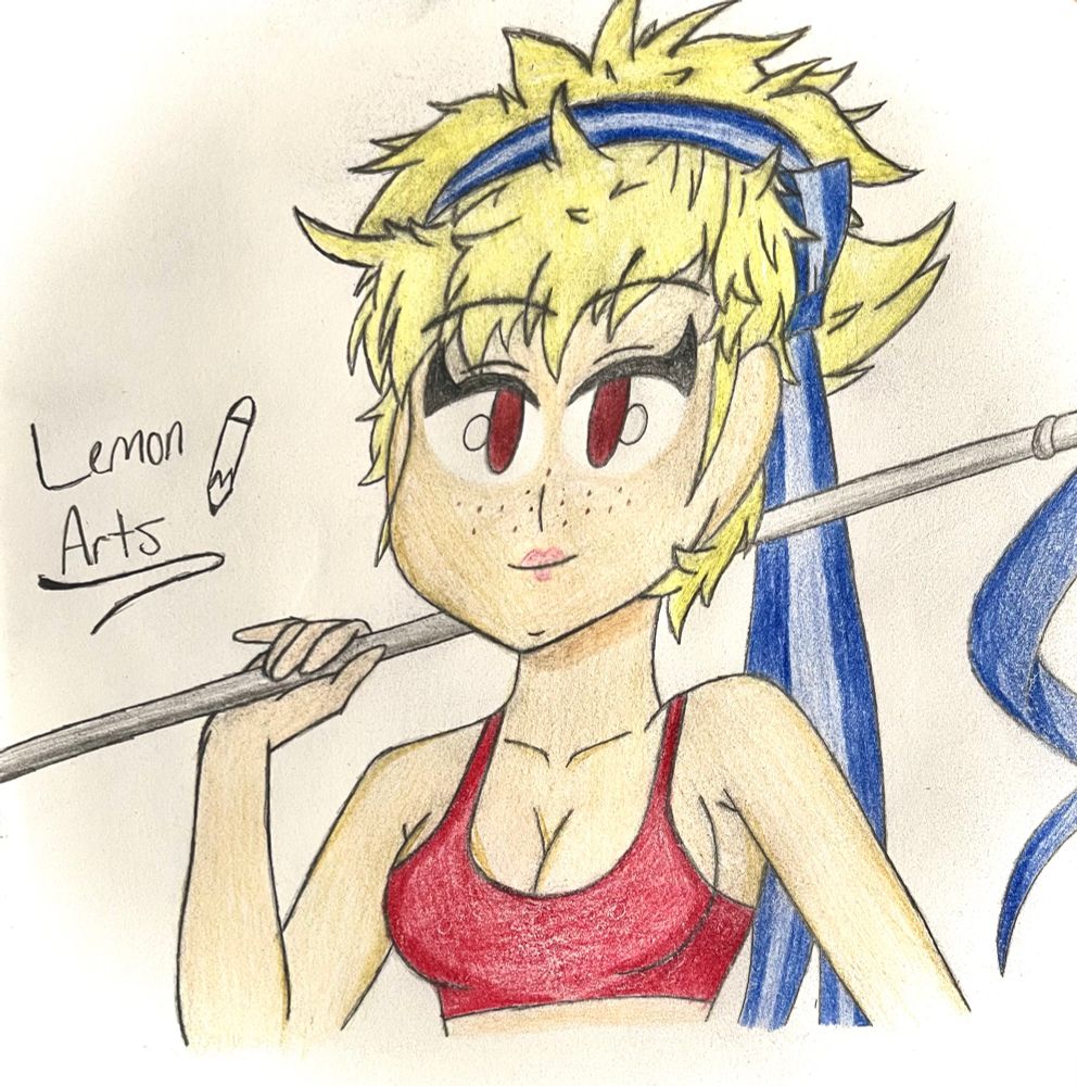 Here’s Scarlet, from Fire Emblem Fates holding a lance/spear. While also wearing a simple red bikini.