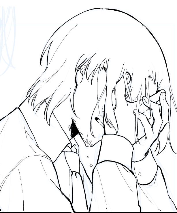 上遠野作品の二次創作漫画のスクショ。両手で目元を多いながら泣いているギノルタの線画。