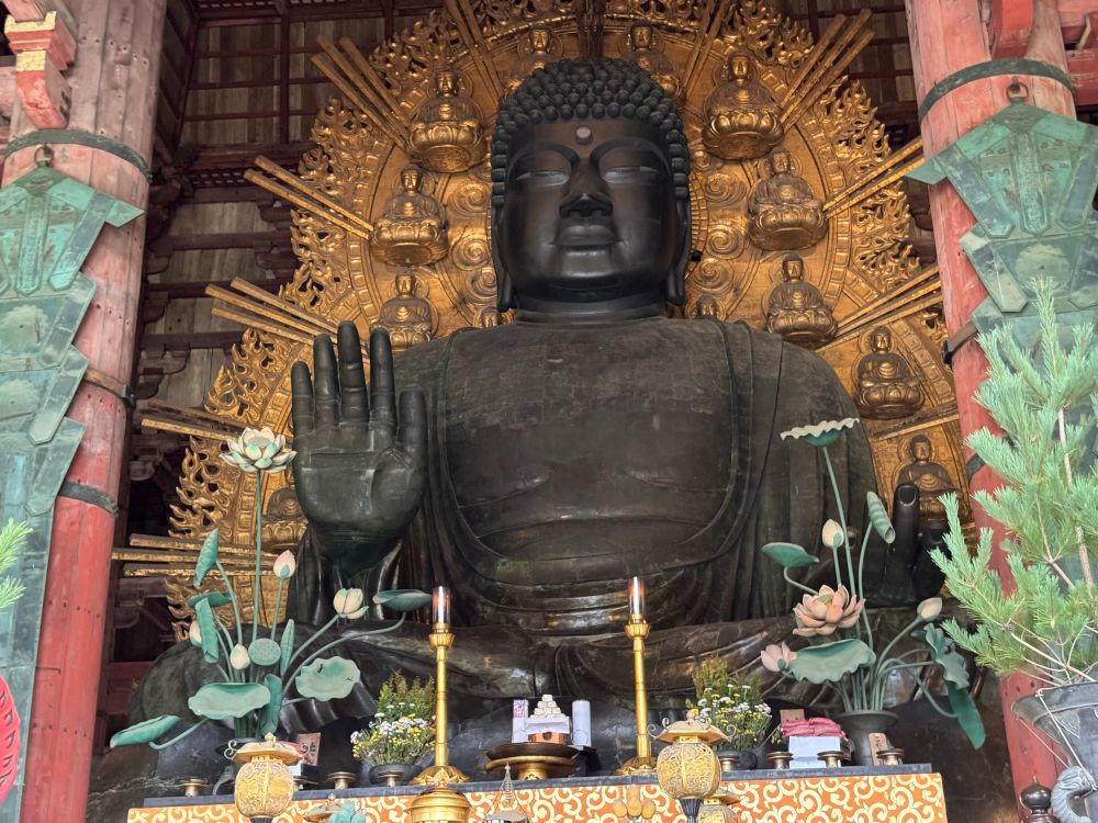 The Daibutsu of Nara, 15 meters tall and weighing 500 tonnes, one of the five great Buddhas in Japan