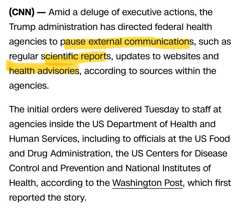 (CNN) — Amid a deluge of executive actions, the Trump administration has directed federal health agencies to pause external communications, such as regular scientific reports, updates to websites and health advisories, according to sources within the agencies.
The initial orders were delivered Tuesday to staff at agencies inside the US Department of Health and Human Services, including to officials at the US Food and Drug Administration, the US Centers for Disease Control and Prevention and National Institutes of Health, according to the Washington Post, which first reported the story.