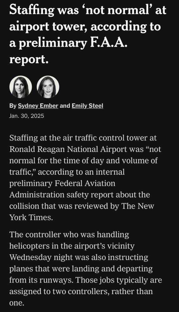 Staffing at the air traffic control tower at Ronald Reagan National Airport was "not normal for the time of day and volume of traffic," according to an internal preliminary Federal Aviation
Administration safety report about the collision that was reviewed by The New York Times.
The controller who was handling helicopters in the airport's vicinity
Wednesday night was also instructing planes that were landing and departing from its runways. Those jobs typically are assigned to two controllers, rather than one.