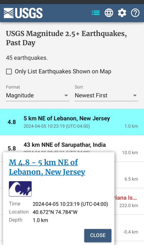 USGS page showing a 4.8 quake NE of Lebanon, NJ
