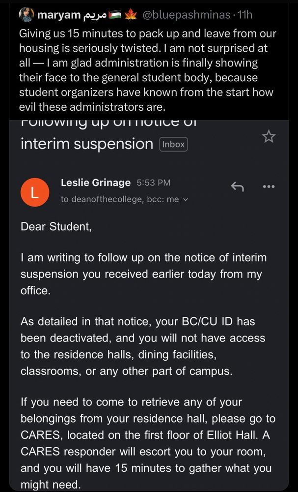 Tweet from @bluepashminas attaching an email from a Columbia official explaining she’s barred from university facilities and will be given 15 minutes under escort to pack her things.