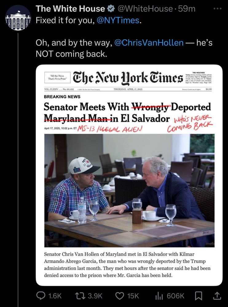 WH tweet annotating a NYT headline to insert the claim that Abrego Garcia is never coming back. 
