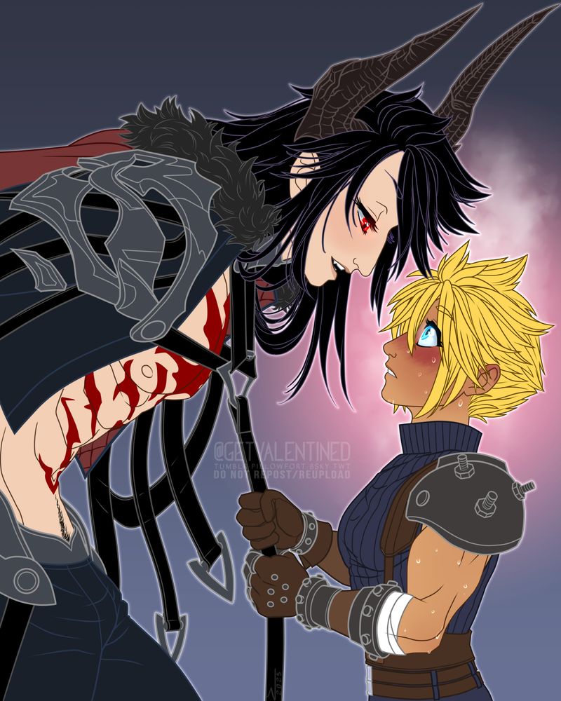 Vincent Valentine and Cloud Strife shown in profile. Cloud is dressed in his normal modified SOLDIER uniform, while Vincent is wearing the Galian Beast Mantle outfit from Ever Crisis. Vincent is much larger than shown in canon, closer to Galian Beast's height, leaned over with his arms behind his back to speak to Cloud, eyes half-lidded with a slightly sultry expression. Cloud is holding onto the leash at Vincent's collar with both hands as if pulling him down closer to Cloud's own level, looking up at Vincent with wide eyes, his face extremely flushed and entire body slightly sweaty while what appears to be steam rises from him in the background.