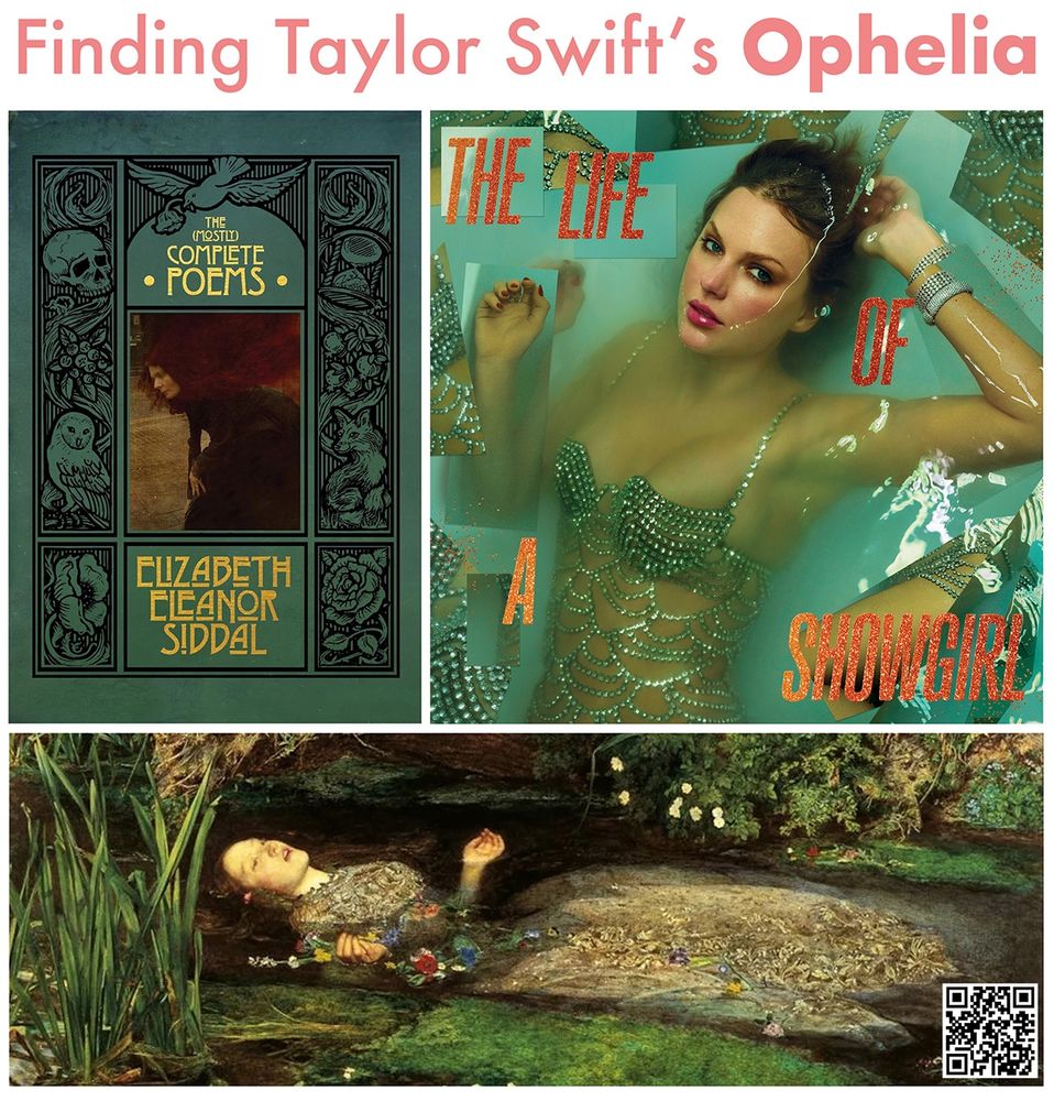 A collage featuring book covers and art related to Elizabeth Siddal and a reinterpretation of Ophelia with vibrant colors and themes.