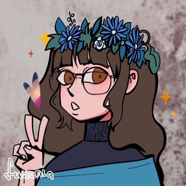 Dressupgame picture. Woman with brown, wavy hair and brown eyes. She has a blue flowercrown on her head. She wears glasses. One hand is up in a Victory-Sign