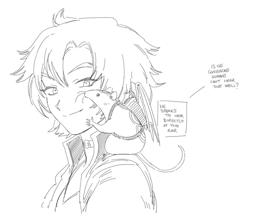 A line sketch of Ardor perched on Fenris's shoulder with the text 'he speaks to her directly at the ear - is he convinced humans can't hear that well?'