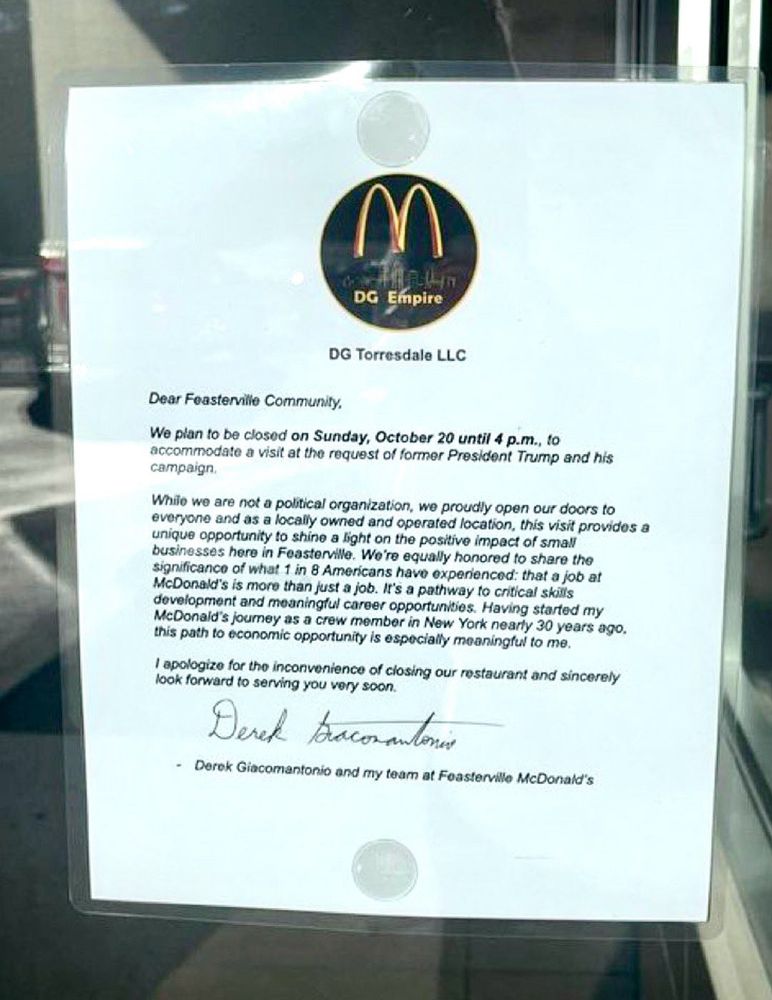 Trump staged "working" at a closed McDonald's.