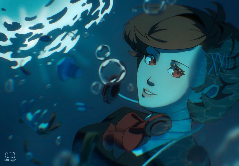 Female protagonist of Persona 3 Portable submerged in water along with various mementos. She is facing the viewer and smiling