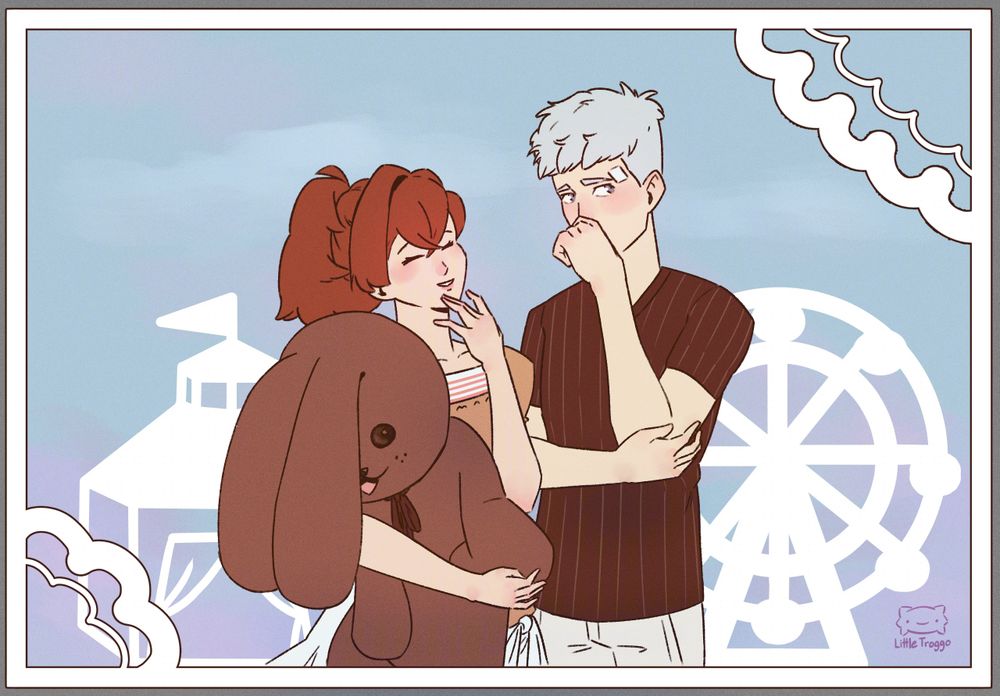 An illustration of FeMC and Akihiko in a picture booth photo. FeMC is smiling while holding a giant rabbit plush while Akihiko is heavily blushing and covering his mouth with his left hand. The background has simple graphics of a ferris wheel and carnival tent.