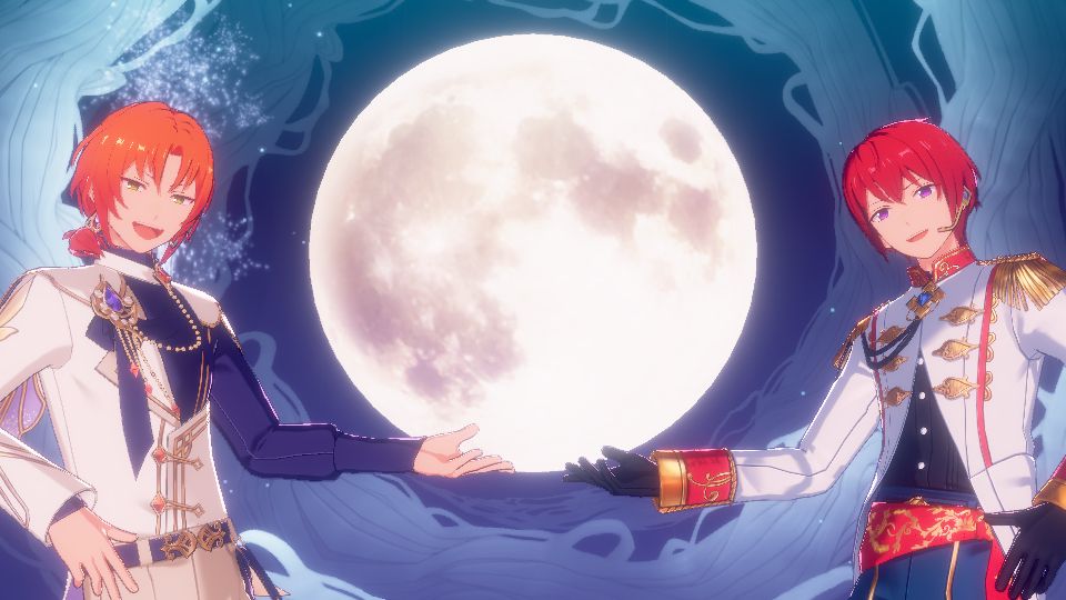 あんスタ‼︎ アプリ内スクリーンショット
「Turbulent Storm」のMVを司くん(フィーチャースカウト衣装SCR)とレオくん(眩惑モジュレーション衣装SCR)で再生しているところ