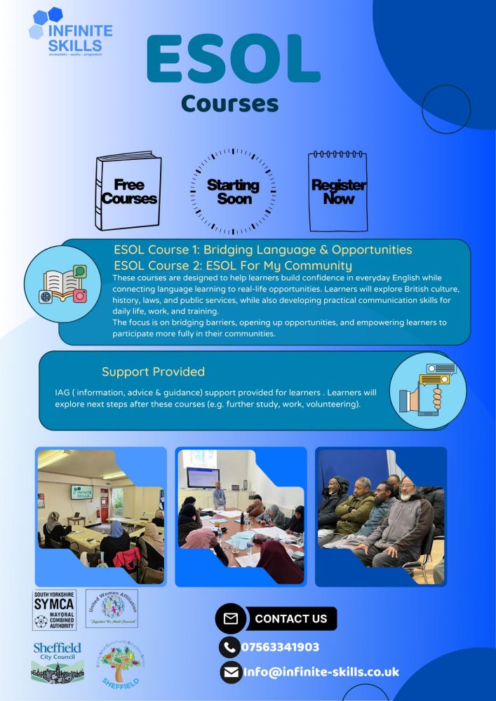 Poster advertising free ESOL class in Sheffield 