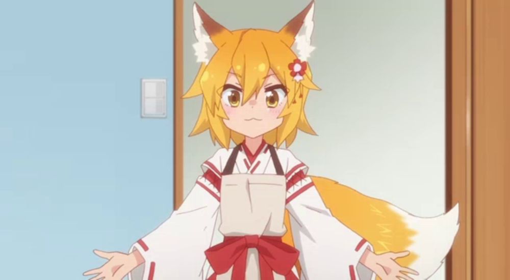 a girl with a fox tail is standing in front of a door with her arms outstretched