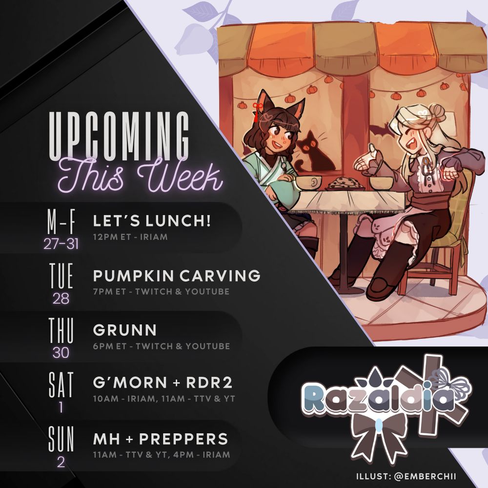 Stream schedule for blonde marionette vtuber Razaldia. All info in text post.